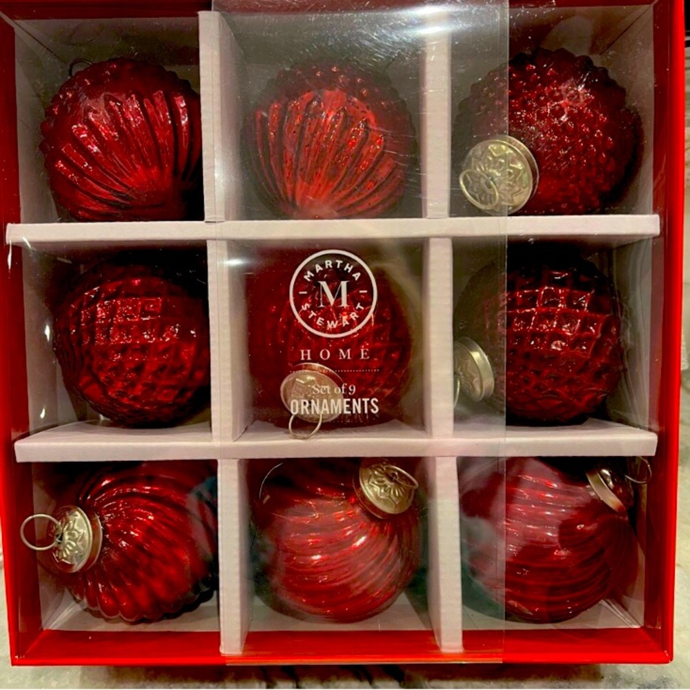 Martha Stewart Red Mercury Glass Kugel Style Christmas Ornaments - Set of 9